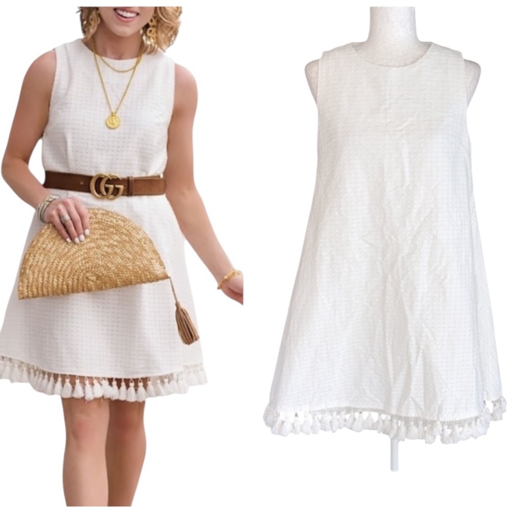 English Factory White Textured Sleeveless A-Line Tassel Hem Mini Dress - M